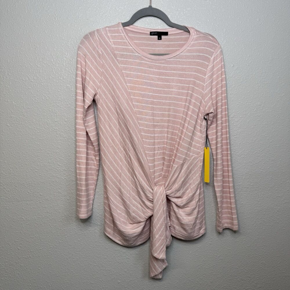 Gibson - Tie Front Cozy Fleece Pullover Top - Pink Ivory Stripe XS NEW